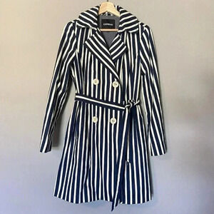 Express Women's‎ S Blue White Striped Pleated Back Trench Coat Size Small Preppy